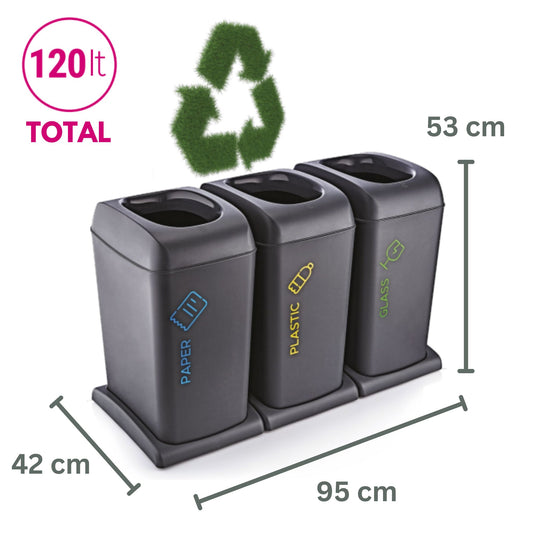 Shopivaa Triple Rubbish Waste Separation Sorting Bin Three Compartments Recycling Bin 120L 3 x 40L Kitchen Office Lightweight Plastic Castor Wheels Labelled For Paper Glass Plastic