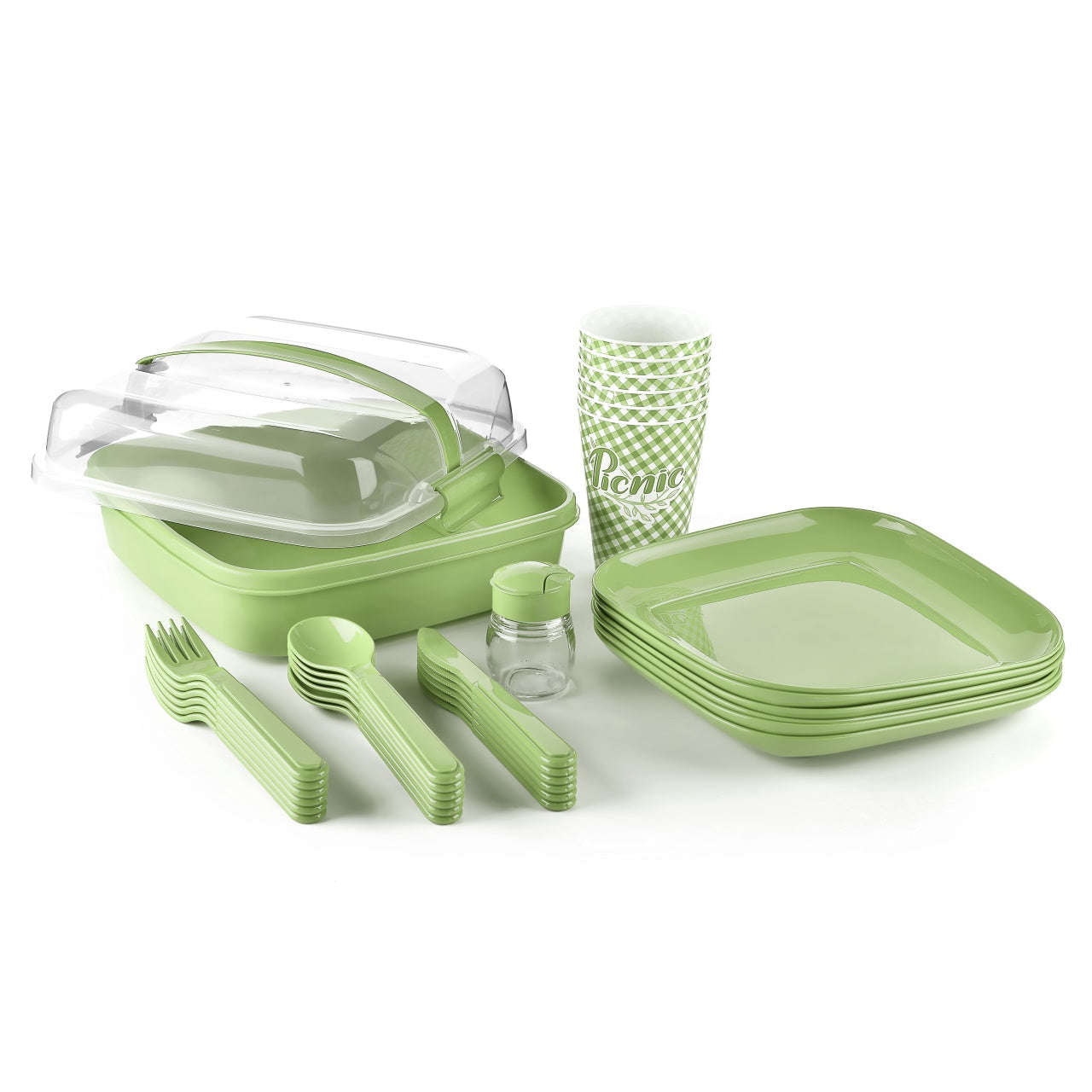 Tupperware Picnic Set Insulated Bag  Plates-Bowls-Cups-Pitcher-Utensils-Green-NEW