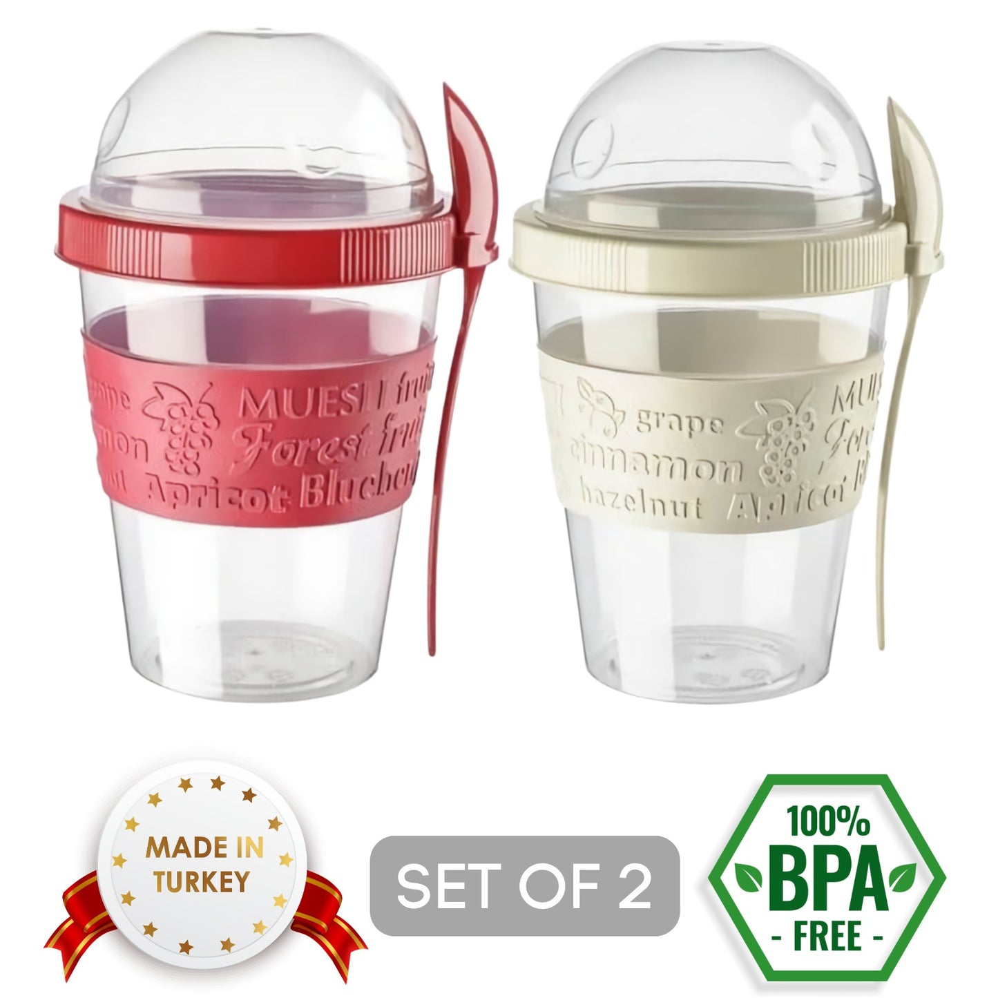 Shopivaa Set of 2 Take & Go 600ml Yoghurt Pot for Breakfast Granola Muesli Cereal Overnight Oats Travel Pot to Go Yogurt Pot with Spoon and Lid BPA Free Leakproof Dishwasher Safe